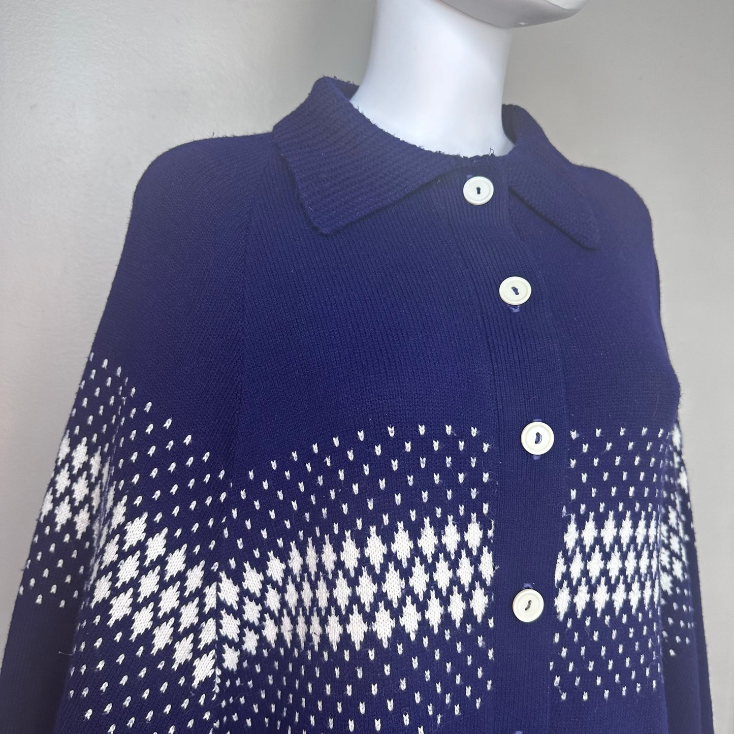 1970s Navy Blue and White Knitted Cape, Poncho