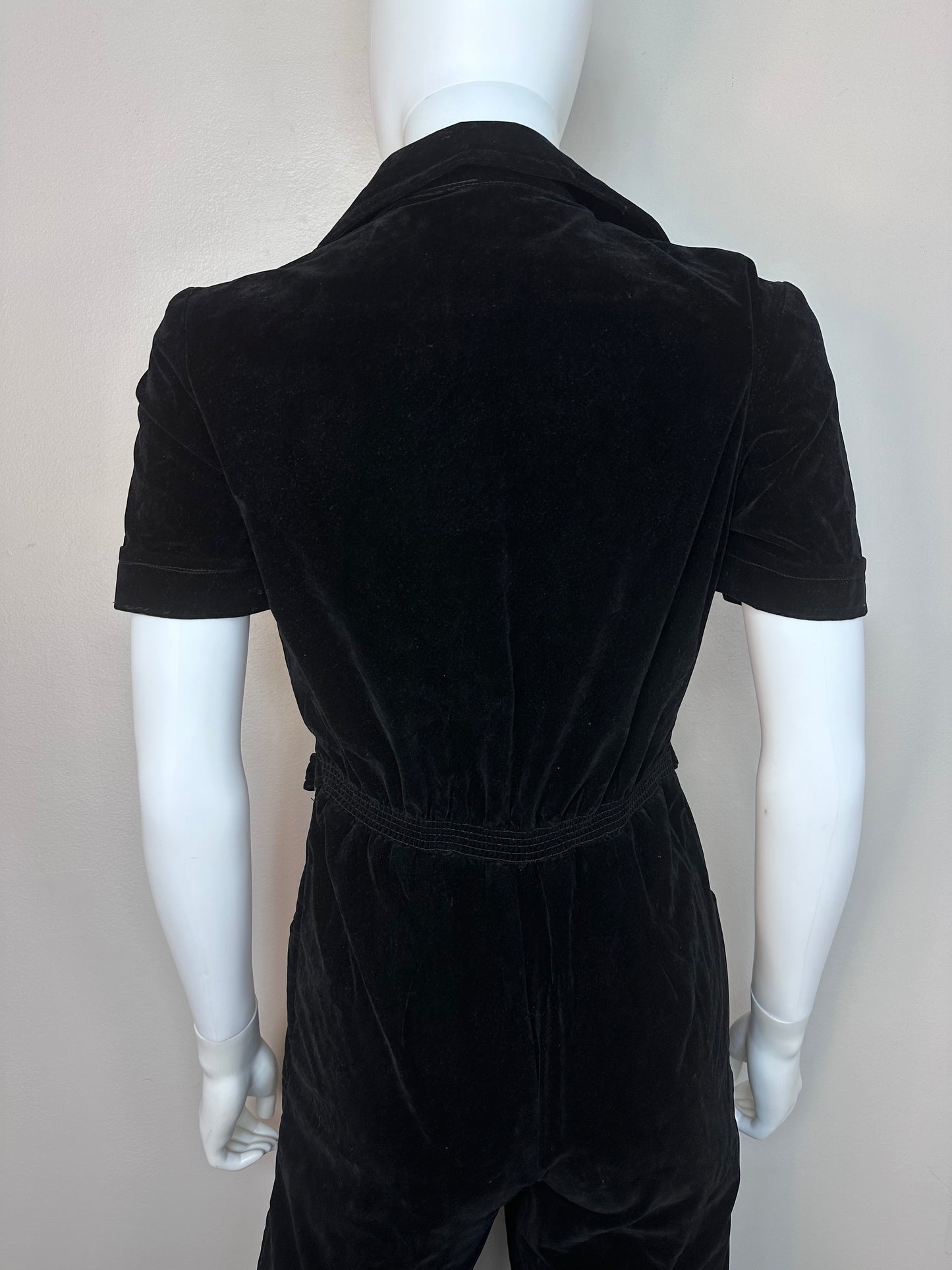 1970s Black Velvet Jumpsuit, Size XS, Short Sleeve, Zip Up, Flare Leg