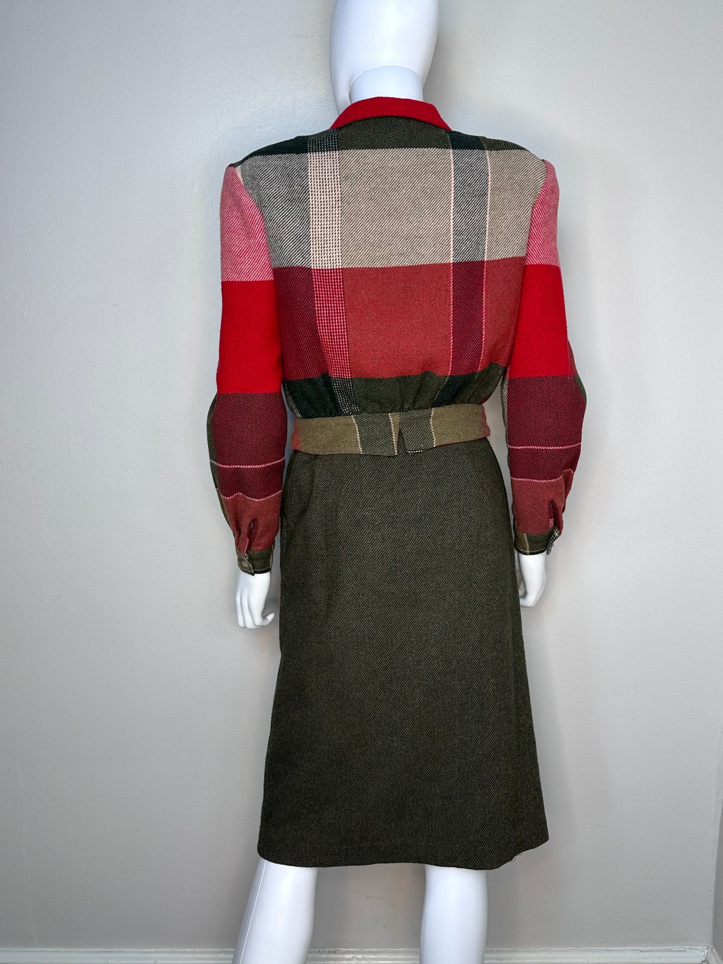 1970s Suit, Red and Olive Green Plaid Jacket and Wrap Skirt, The Strawberry Plant by Dorothy Schoelen Size XS