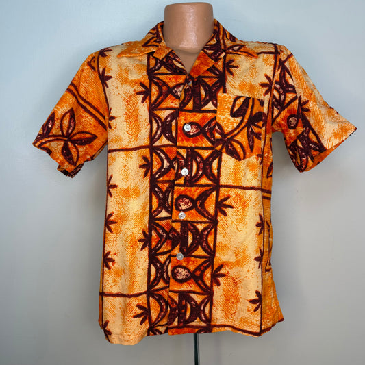 1960s Hawaiian Shirt, Orange Tiki Print Cotton Barkcloth, Waltah Clarke’s Size S/M