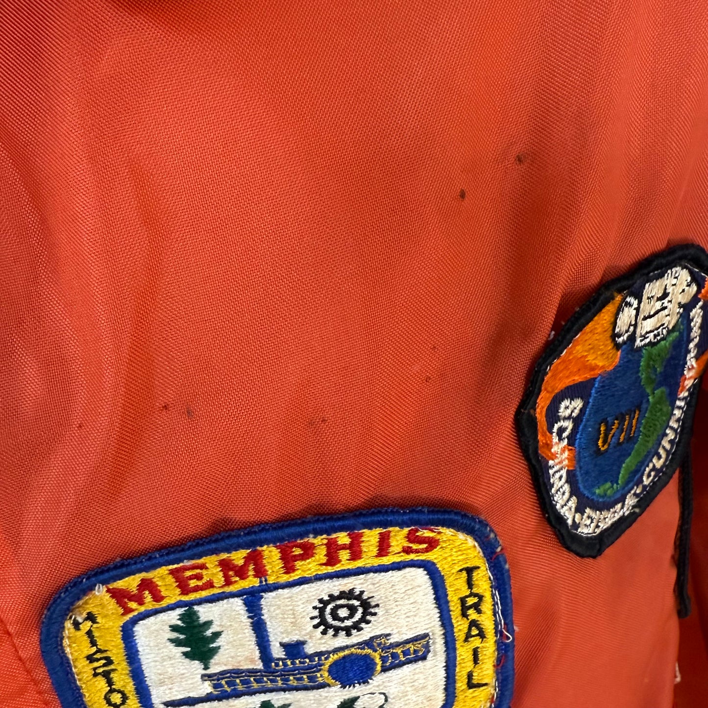 1960s Orange Nylon Jacket with 60s/70s Boy Scouts Camp Patches, Size Medium, Order of the Arrow, BSA