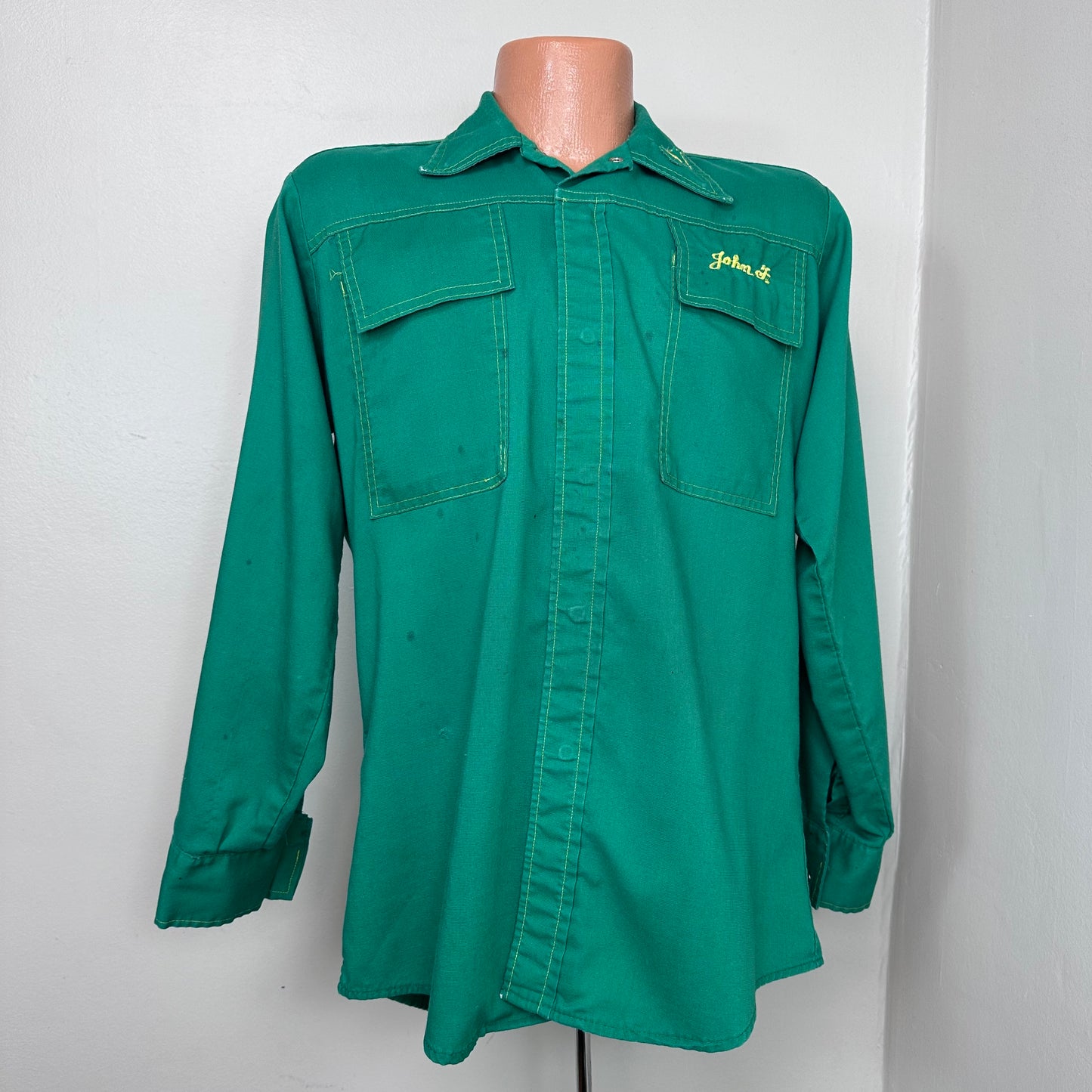 1970s Coleman Motor Co Covington John Deere Dealership Mechanic Shirt, Protexall Size Large, Green Long Sleeve, Chain Stitch Embroidery, Distressed