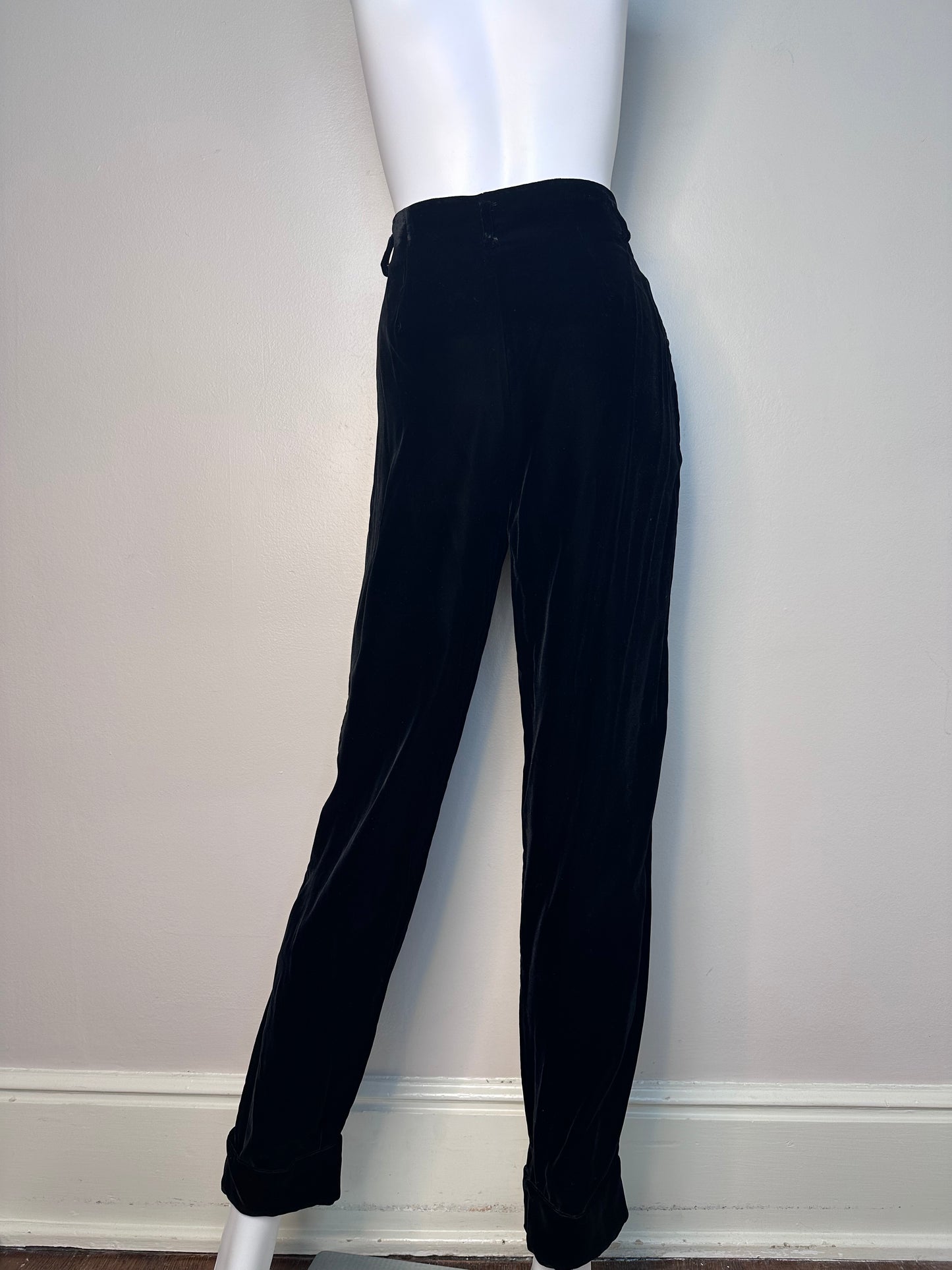 1980s Black Velvet High Waisted Trousers, Finity HoneyBee Size Small, Pleated, Tapered, Cuffed, Deadstock with Tags