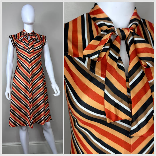 1970s Orange Chevron Stripe Dress with Pussy Bow, Trolley Car Size XS