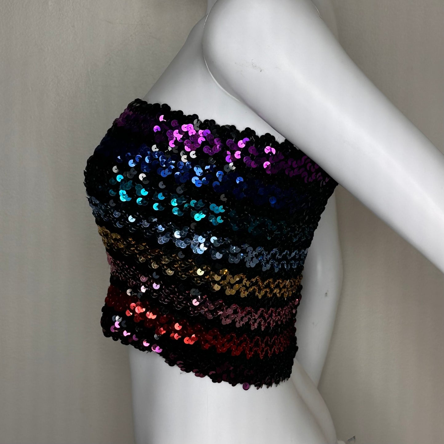 1970s Disco Rainbow Stripe Sequin Tube Top, Toppettes by A Brod Size Small-Medium