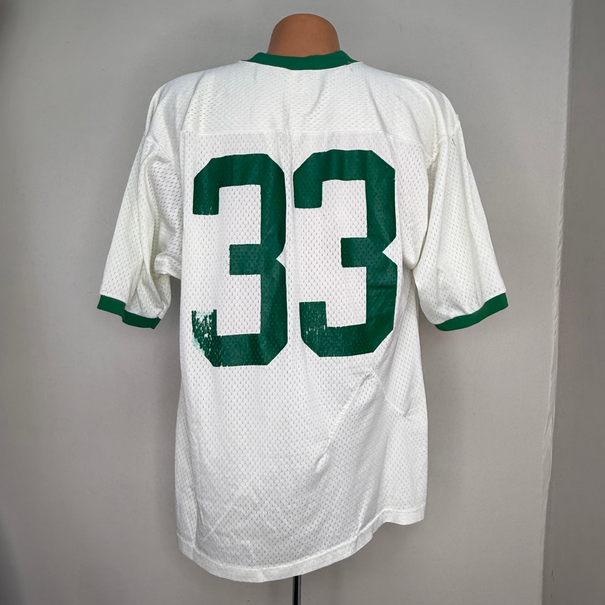 1970s White and Green Mesh Jersey, Southern Athletic Size Large, No. 33