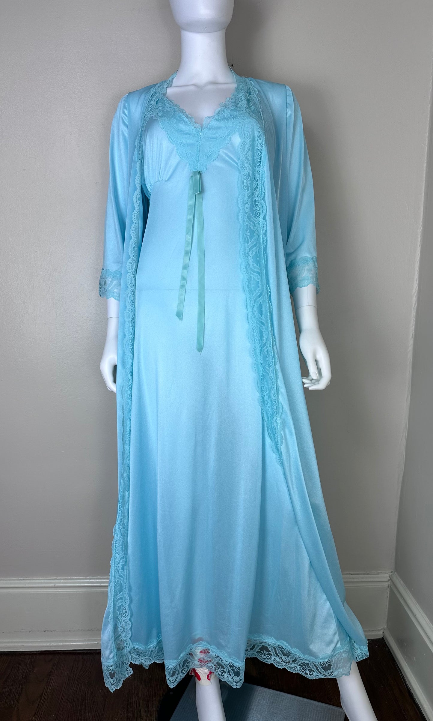 1970s Full Length Blue Peignoir Set, Size Medium, Nightgown and Robe