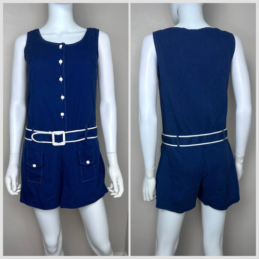 1970s Navy Blue Mod Romper, Size Small, Sleeveless, Drop Waist