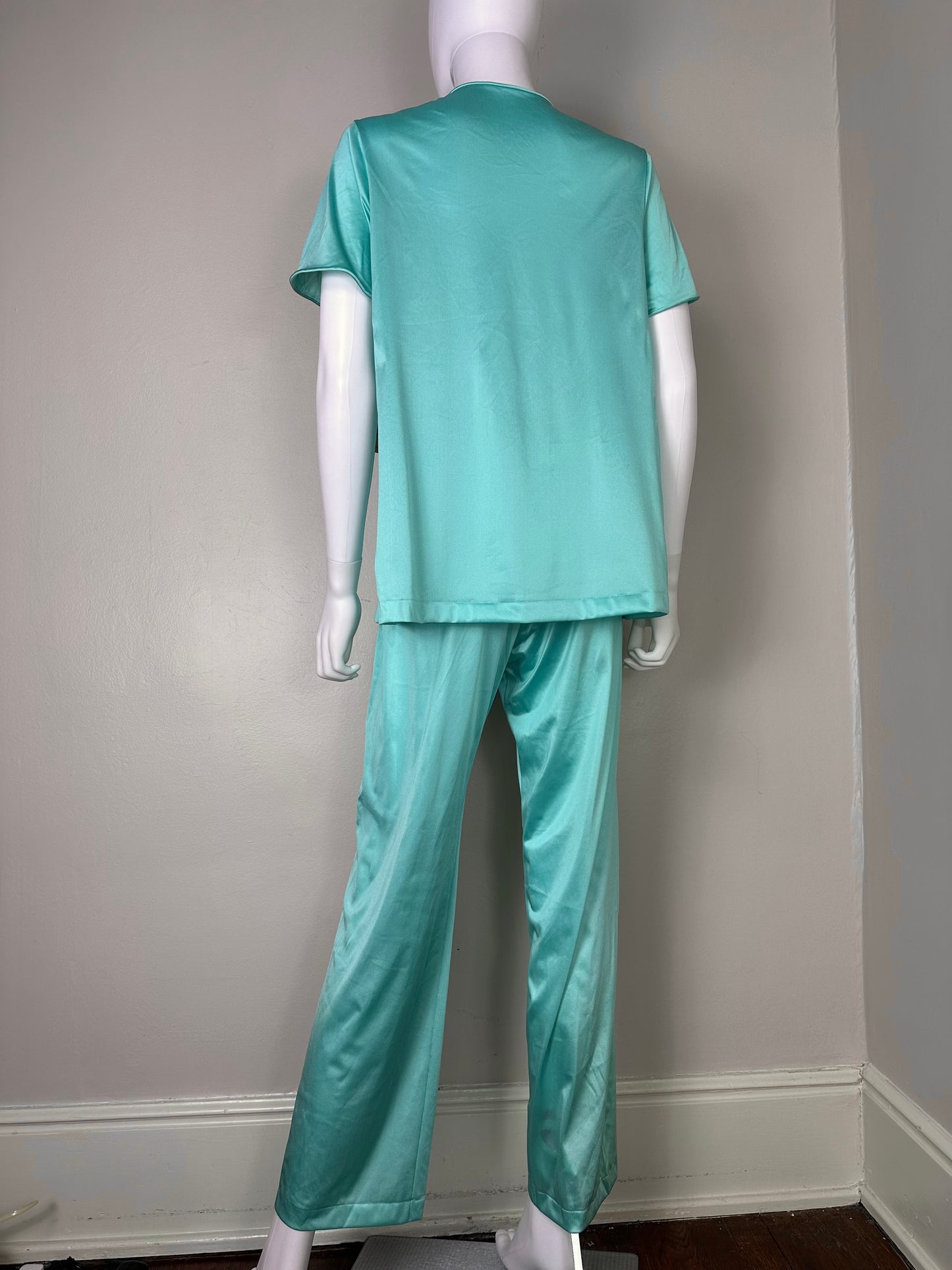 1970s Sea Green Nylon Pajama Set, Glisanda by Vanity Fair Size Small, Deadstock with Tags