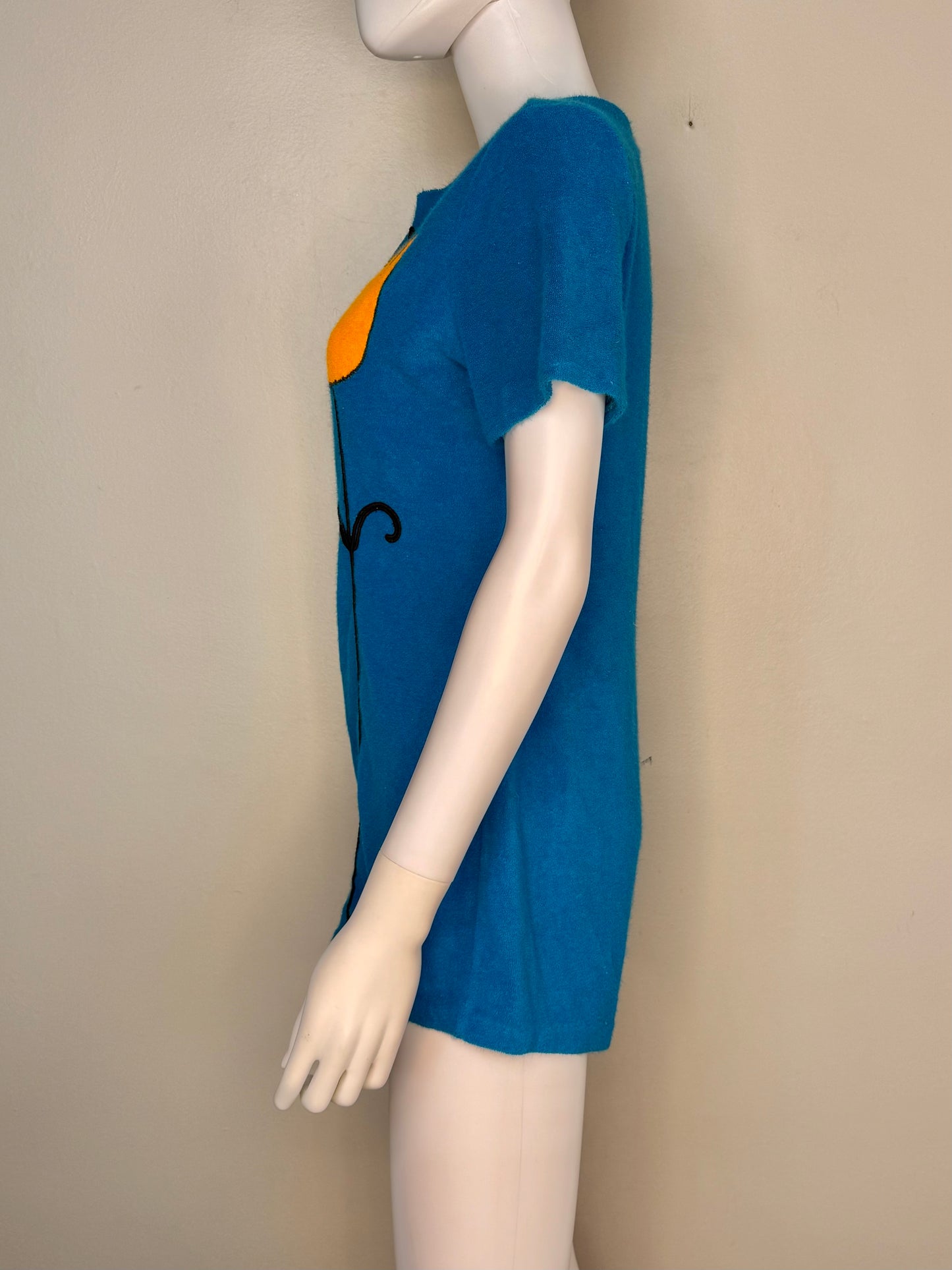 1960s Aqua Terrycloth Romper with Orange Floral Appliqué, Size Medium-Large, Zip Up Front