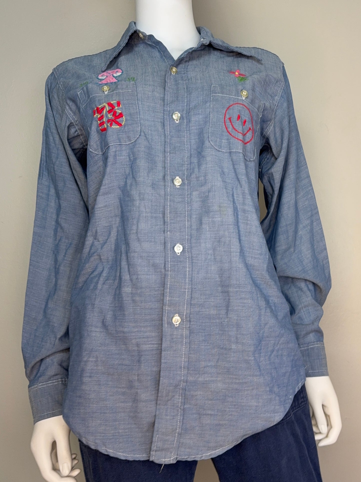 1970s Chambray Shirt with Embroidery, Size Small, Everything’s Fine, Shroom, Smiley, Hand Embroidered