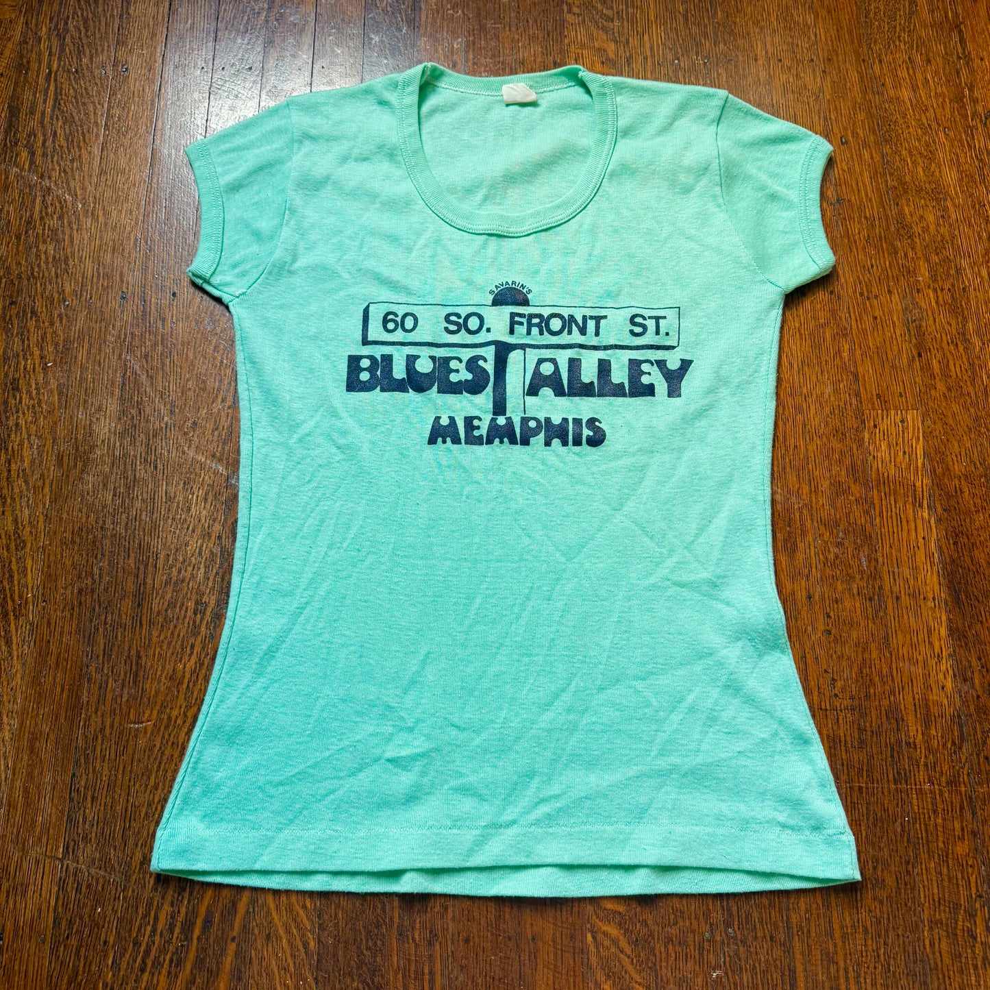 1970s Savarin’s Blues Alley Memphis Bar T-Shirt, Feminine Cut Ringer Tee Size XS/Small, 60 So Front St
