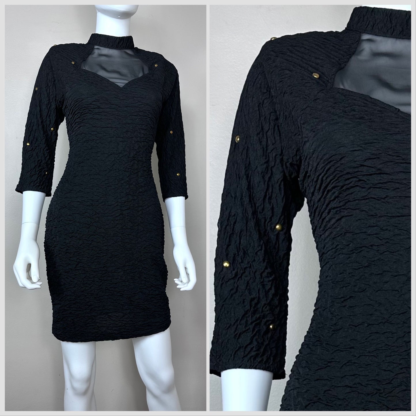 1980s Black Studded Bodycon Dress with Cut Outs Size Medium