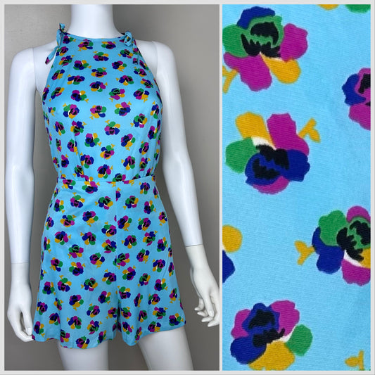 1970s Psychedelic Aqua Floral Set, Tunic and Shorts, Corky Craig California Size Small