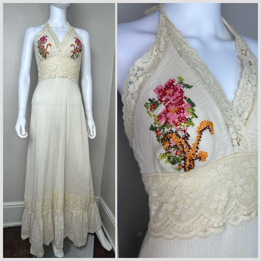 1970s Cotton Gauze Halter Maxi Dress, Size X-Small, Floral Cross Stitch, Boho Wedding Dress