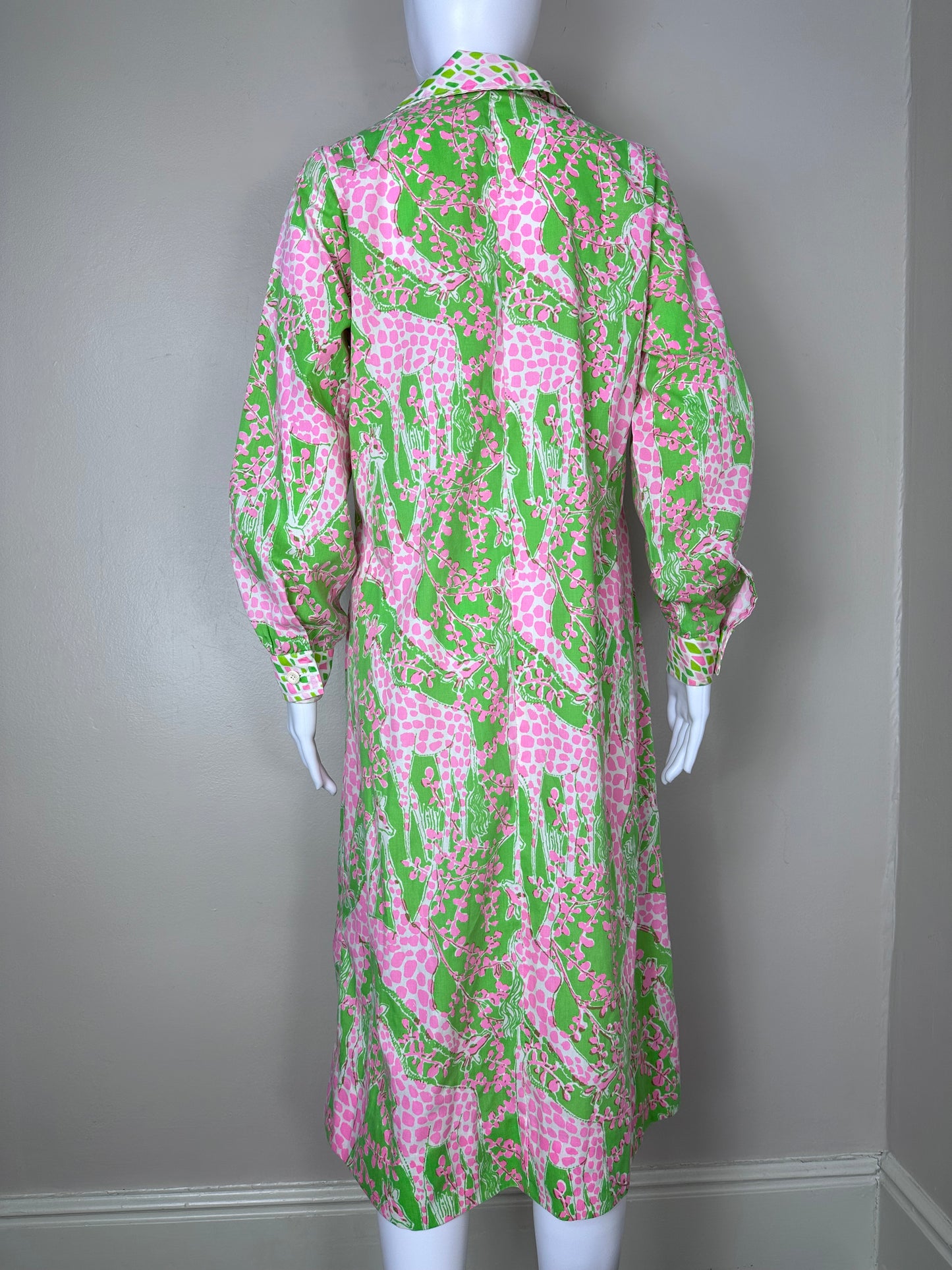 1970s The Lilly Pulitzer Shirt Dress, Size M/L, Giraffe “Babbie” Print, Pink and Green