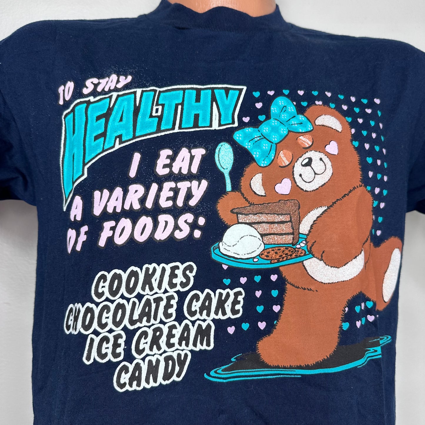 1990s Teddy Bear with Desserts T-Shirt, Size Medium, To Stay Healthy I Eat a Variety of Foods: Cookies Chocolate Ice Cream Candy