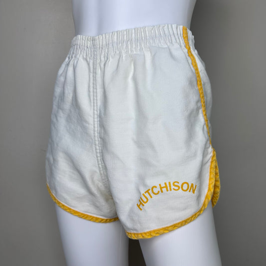 1980s White and Yellow Gym Shorts, Hutchison School, Size X-Small