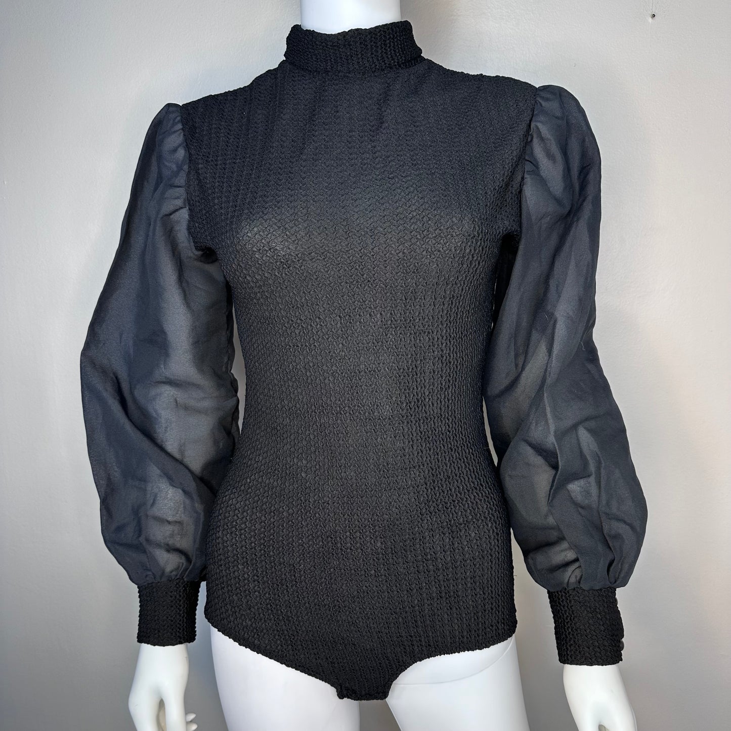 1970s Black Turtleneck Body Suit with Sheer Balloon Sleeves, Size Medium