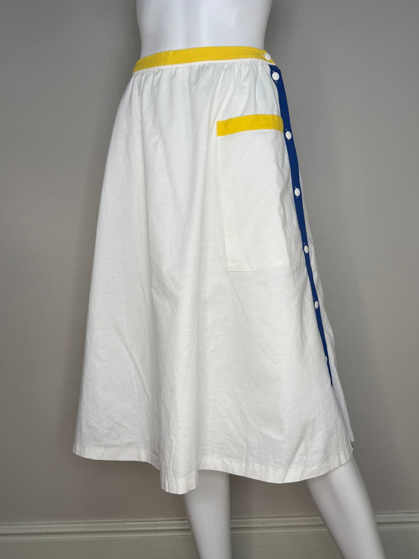 1980s White Side Button Midi Skirt with Primary Color Trim, Petri Sweden Size X-Small