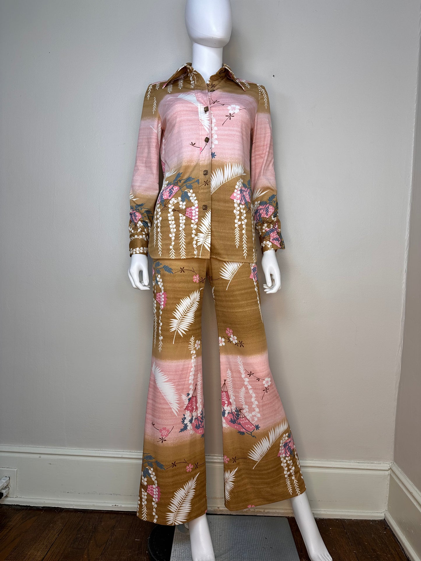 1970s Brown and Pink Fan Print Polyester Pant Suit, Flare Leg Pants, Long Sleeve Blouse, Anjac, Marc Needleman