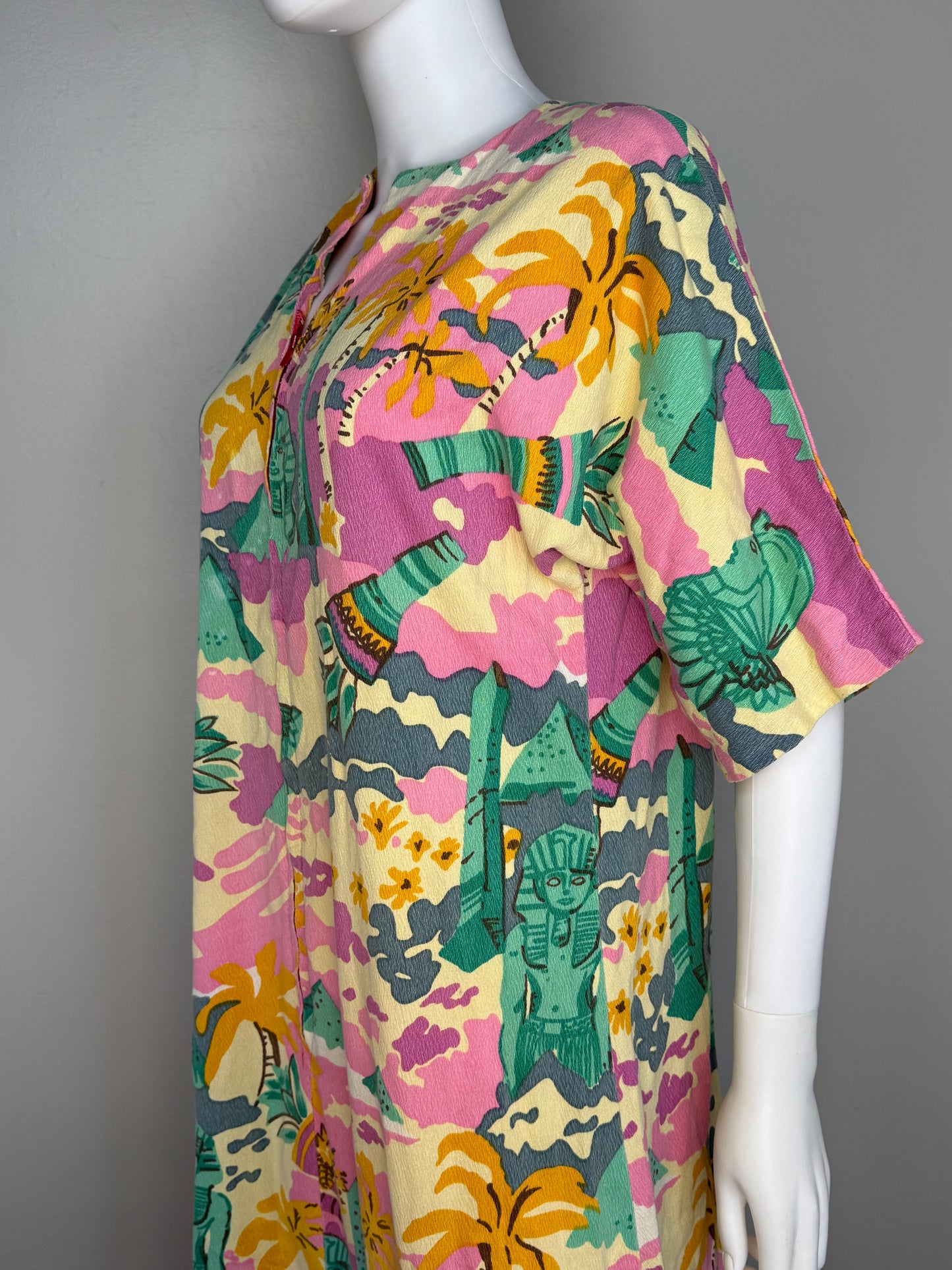 1960s/70s Psychedelic Egyptian Print Caftan Dress, Handmade Size Medium, Egyptomania