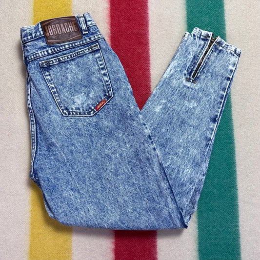 1980s Jordache Acid Wash Blue Jeans, Size 4, 27"x27", Tapered Leg with Back Zippers