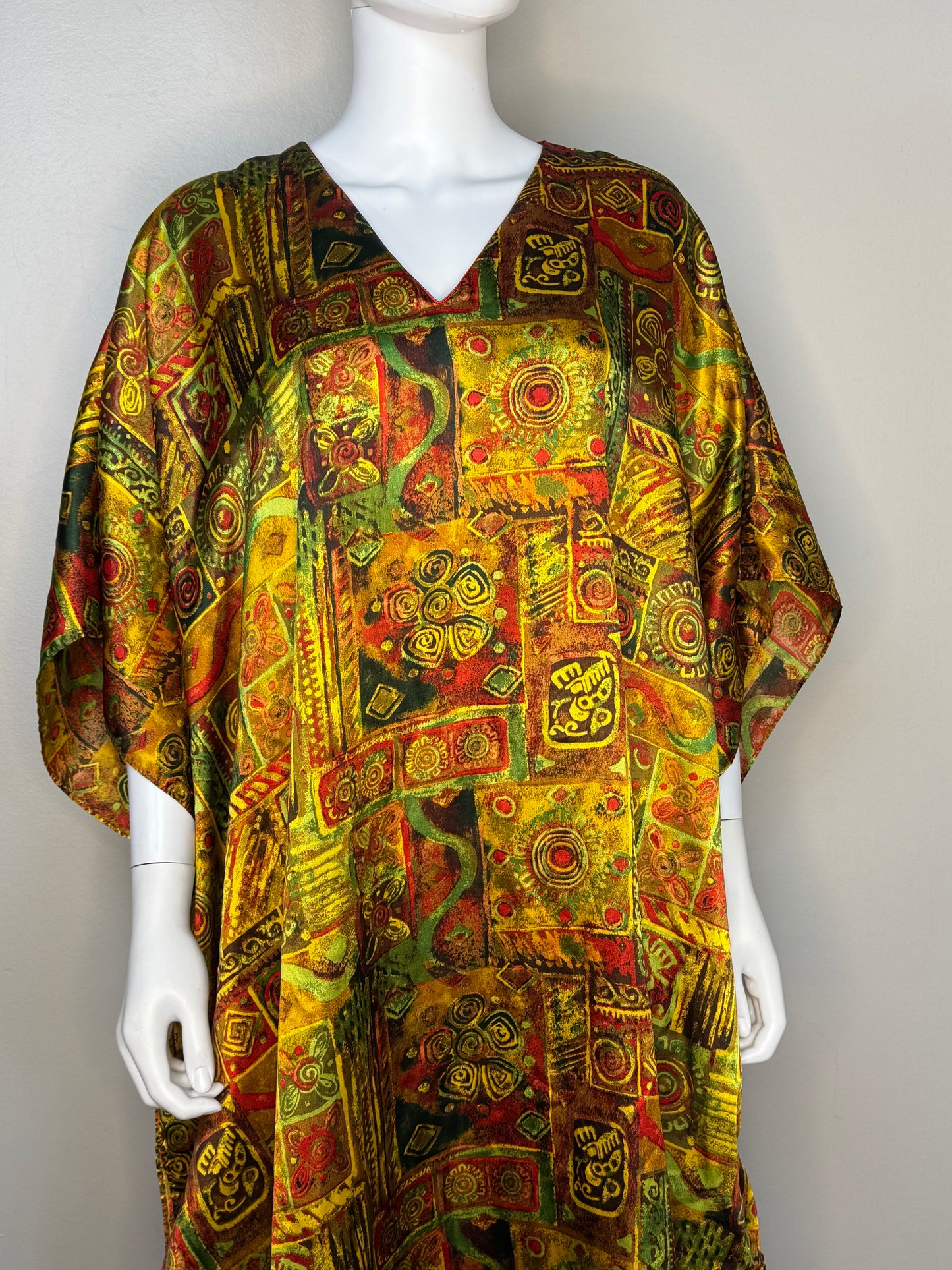 1990s Gold Red and Green Caftan Dress, Winlar, Loungewear, One Size Fits Most