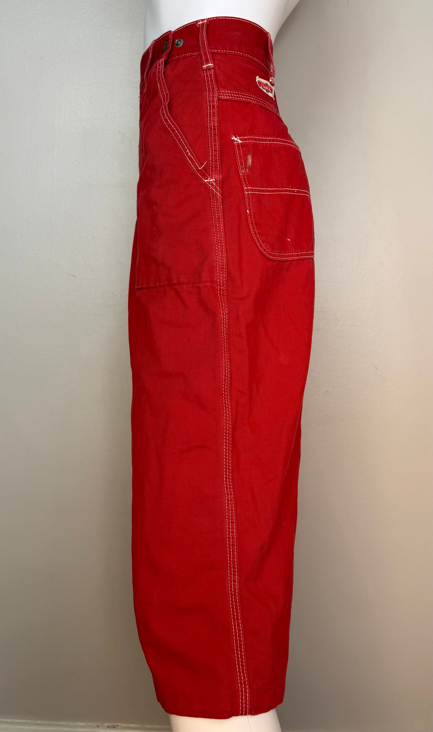 1950s Side Zip Red Denim Pedal Pushers, Cropped Dungarees, Stephens Size XXS, 23.5"x16"