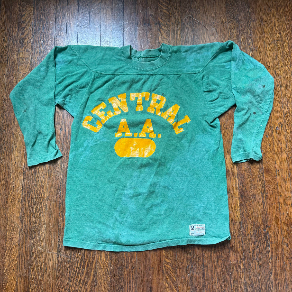 1940s Green Cotton Jersey T-Shirt, Central High Memphis AA, Champion Knitwear Company Running Man Size Medium, Distressed