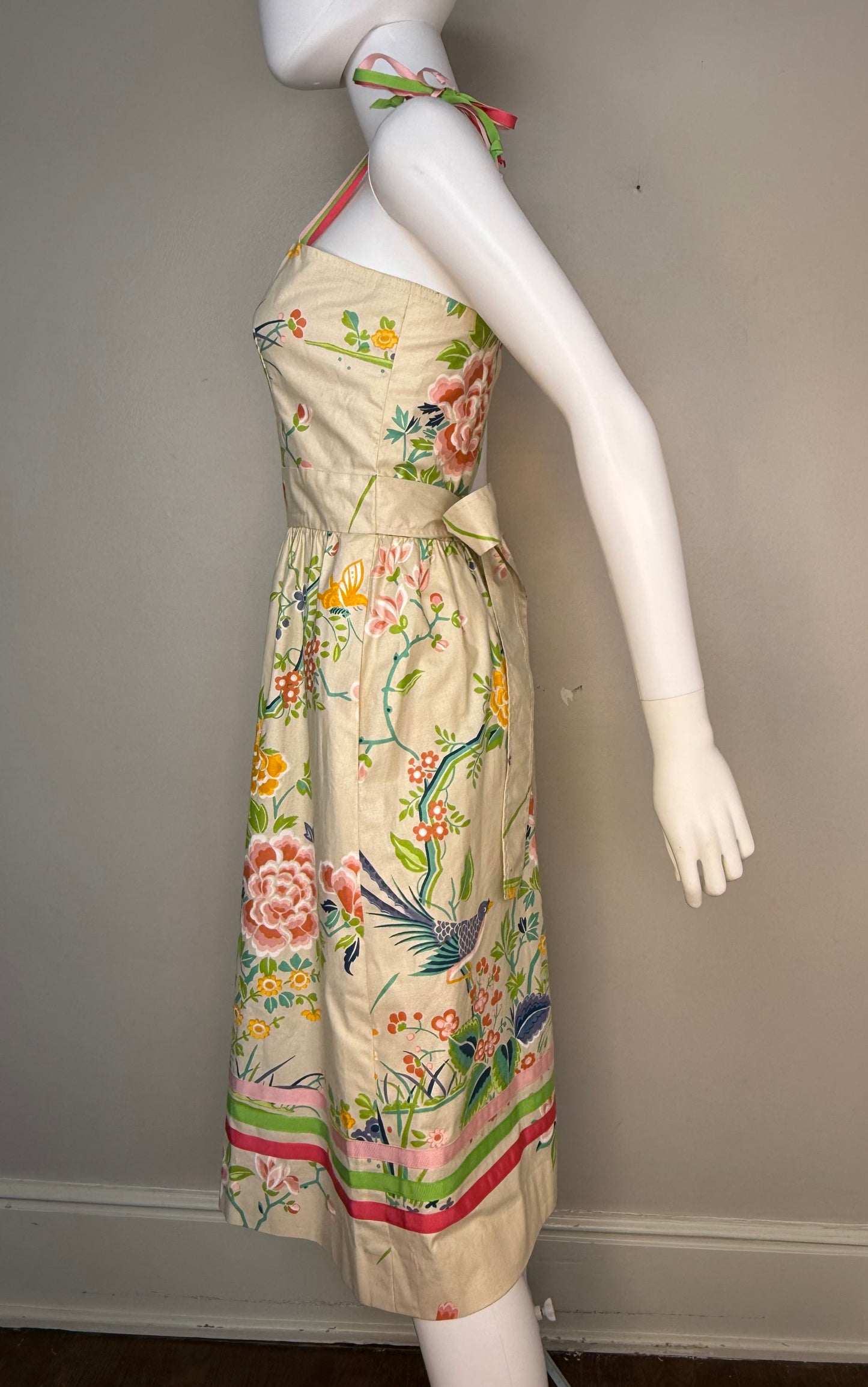 1980s Birds and Floral Sundress, Blair Woolverton Size XS, Sleeveless Dress, Grossgrain Ribbon Straps and Trim