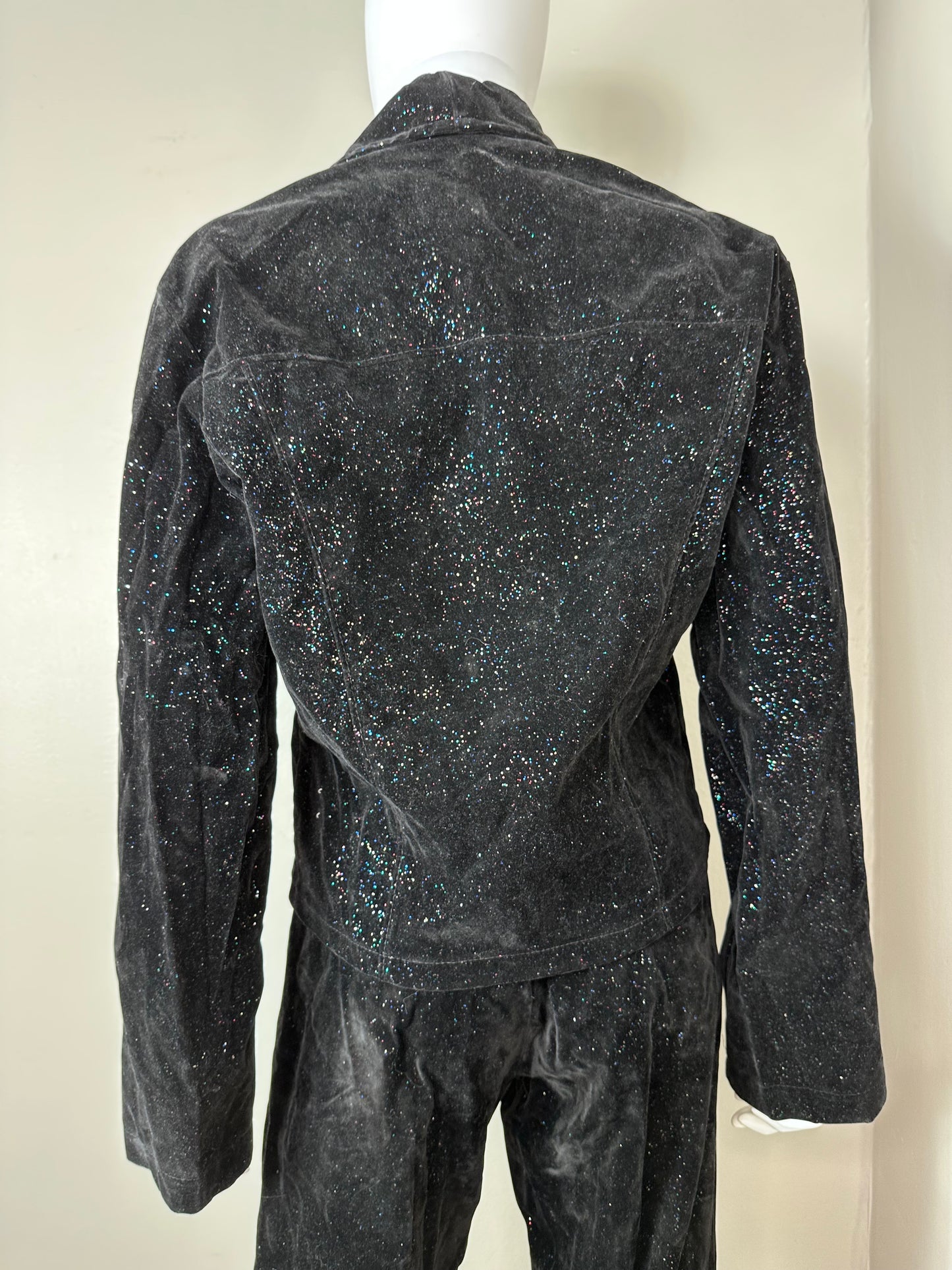 1960s/70s Black Velvet with Rainbow Glitter Suit, National Shirt Shop Jacket and Pants, Size S/M