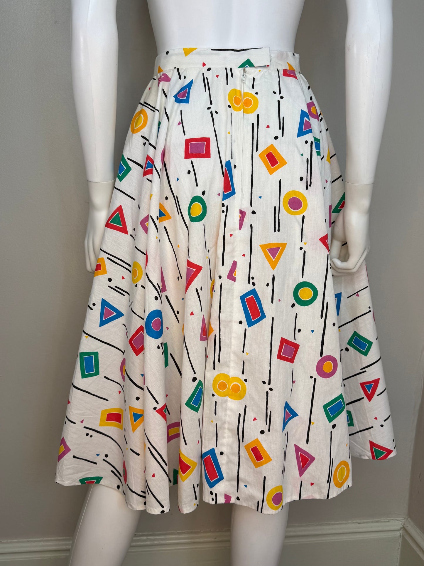 1980s Abstract Geometric Circle Skirt, Memphis Art Style, Handmade Size X-Small