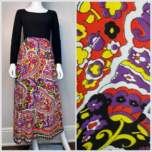 1960s/70s Psychedelic Floral Maxi Dress, Handmade Size XS