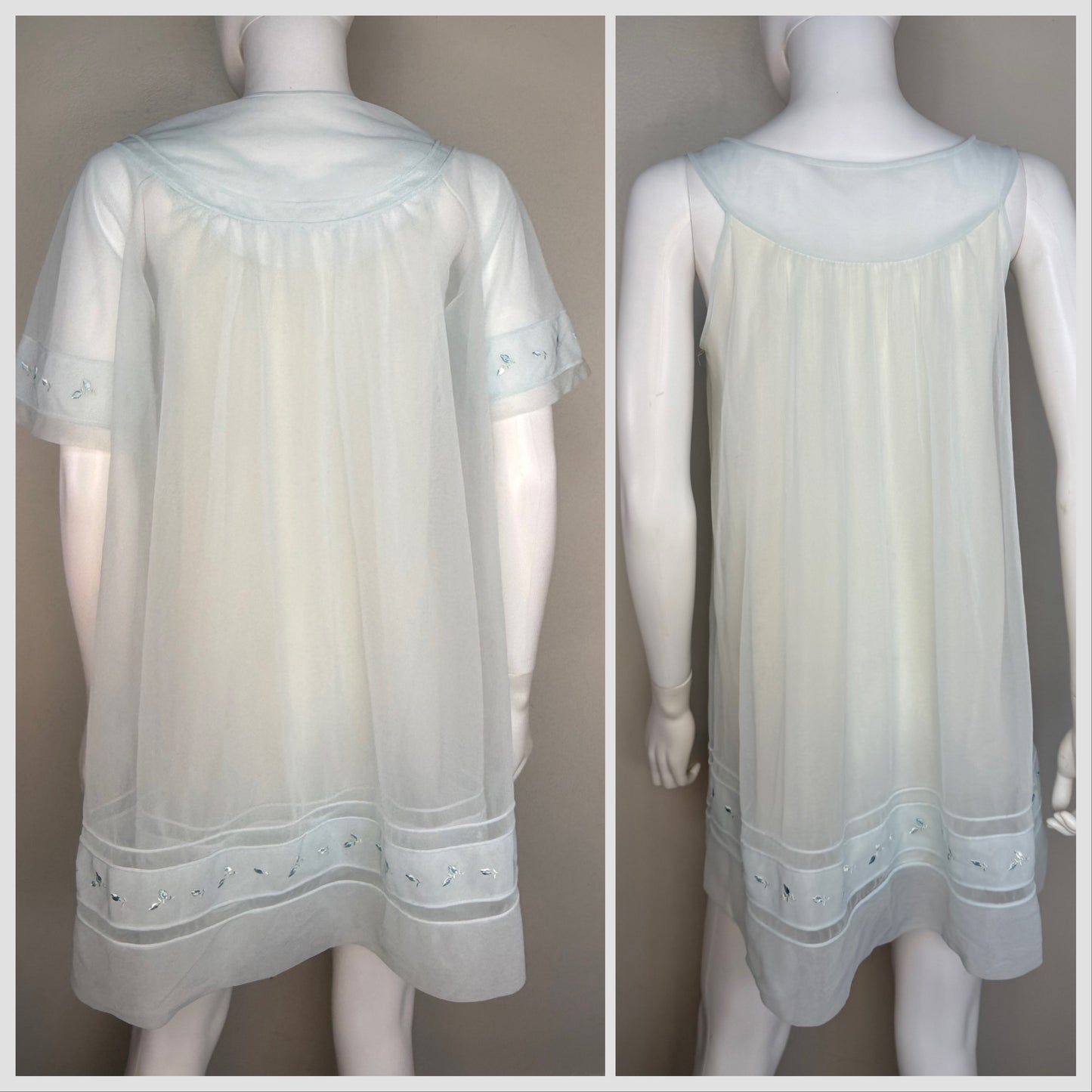 1960s Pale Blue Peignoir Set, Nightgown and Short Sleeve Robe, Shadowline Petite Size XS