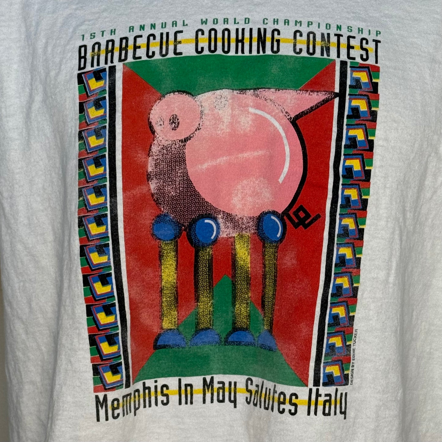 1990s Memphis in May Barbecue Cooking Contest T-Shirt, Salutes Italy, 15th Annual World Championship, Eddie Tucker, Fruit of the Loom Size Large