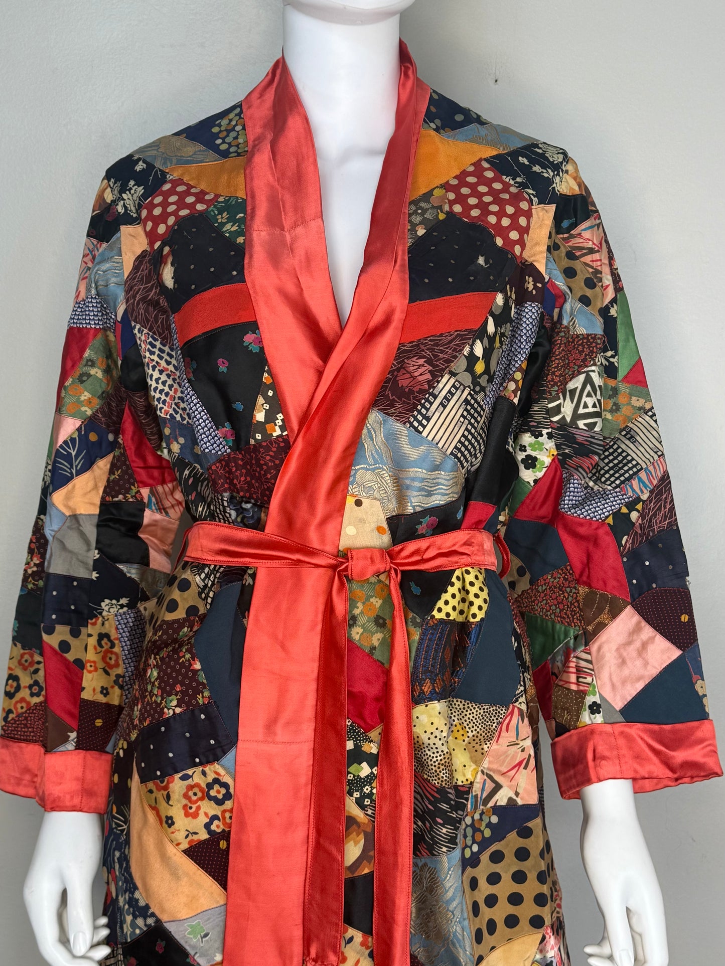 1920s/30s Patchwork Crazy Quilt Robe, Handmade Size XS-Small, Belt with Fringe Trim