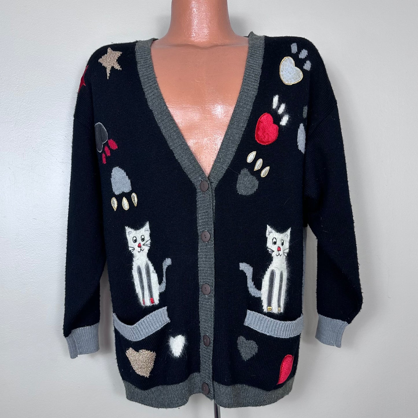 1990s Cat Love Cardigan Sweater, Joye + Fun Size Small-Large