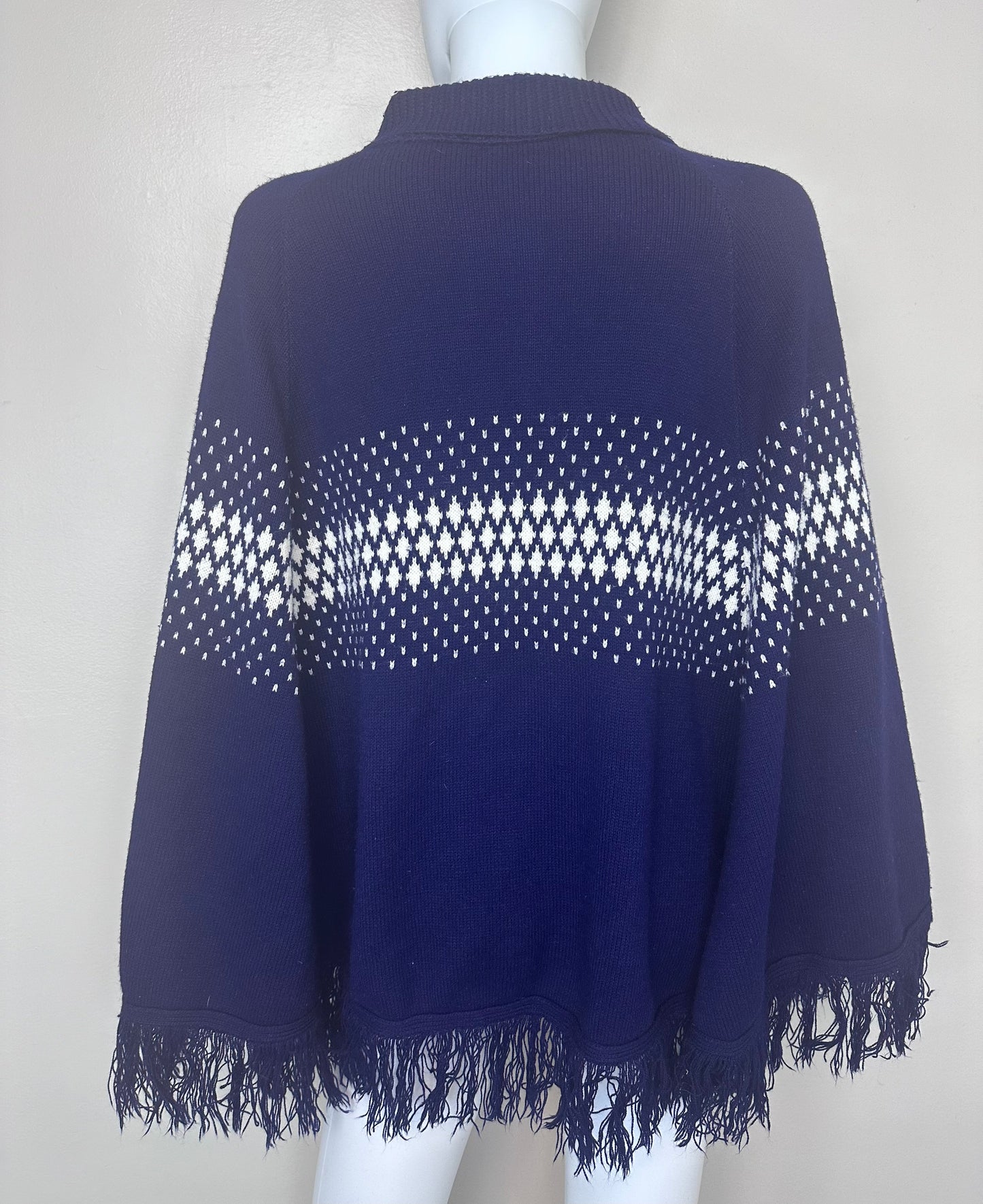 1970s Navy Blue and White Knitted Cape, Poncho