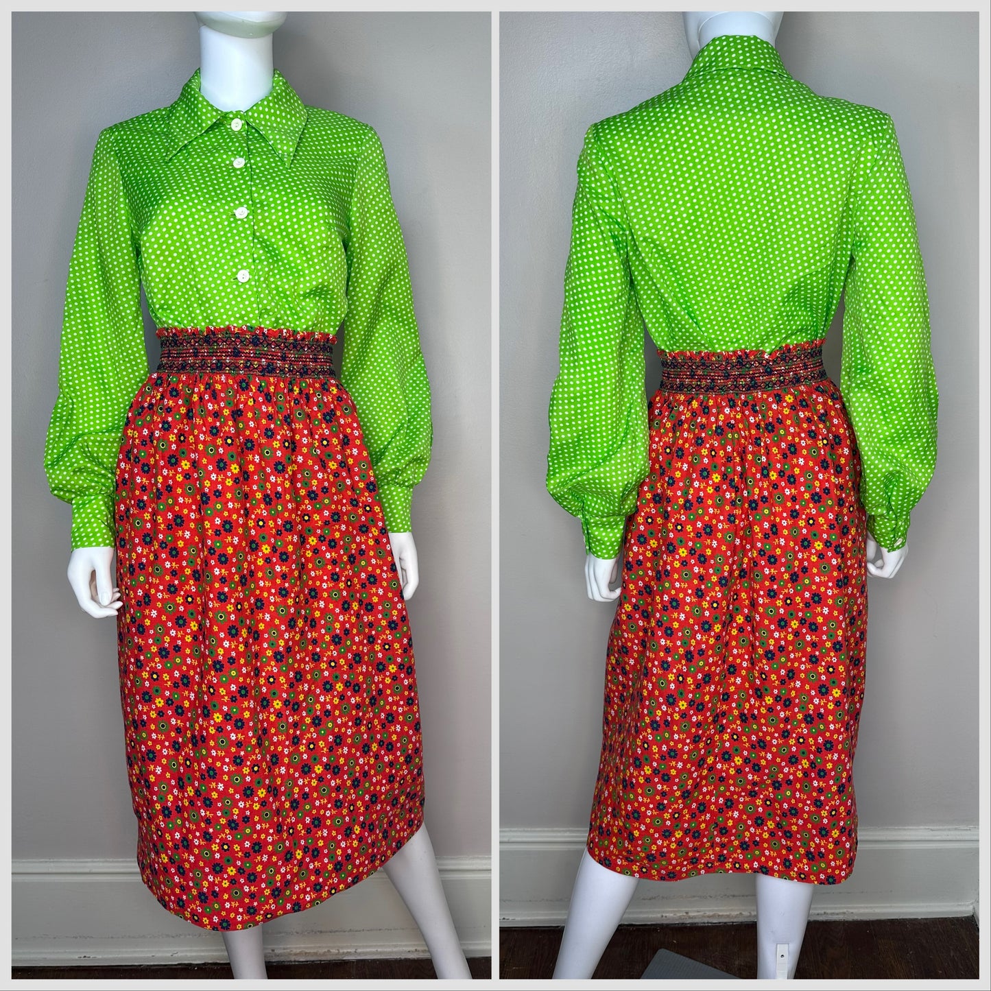 1970s Flower Power Skirt, Size XS-Small, Elastic Smocked Waist, Strapless Dress