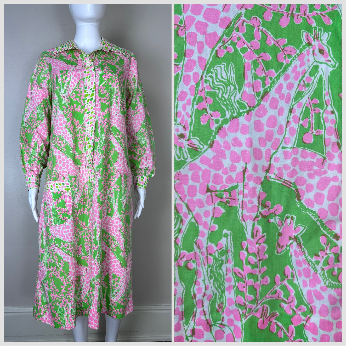 1970s The Lilly Pulitzer Shirt Dress, Size M/L, Giraffe “Babbie” Print, Pink and Green