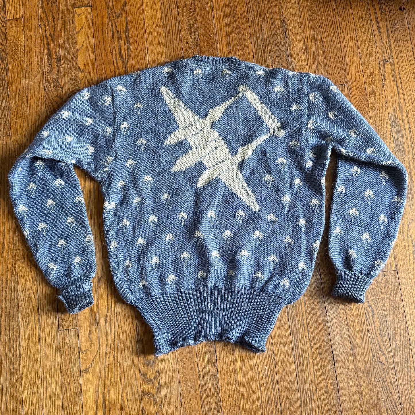 1940s Jantzen P-38 Sweater, Blue, Size 40, WW2 Fighter Jet Plane Novelty Knit