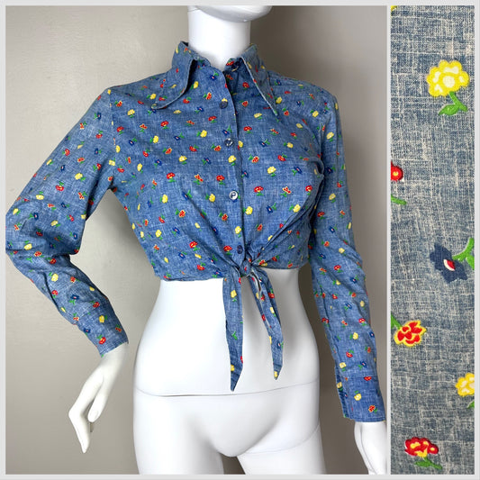 1970s Floral Cropped Long Sleeve Blouse, Tie Front, Shirtlines Size M
