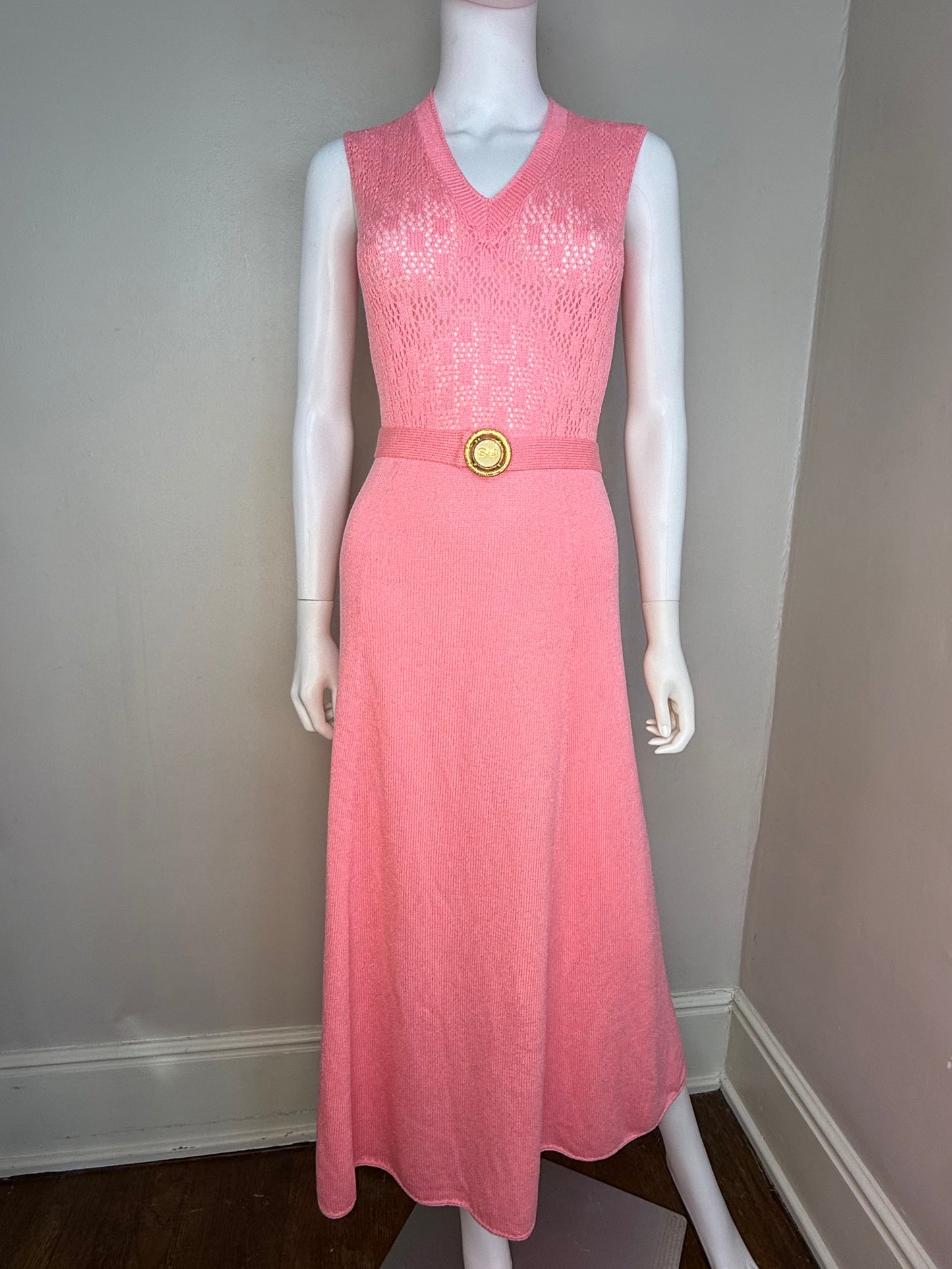 1970s St John Knits Pink Sleeveless Maxi Sweater Dress with Matching Short Sleeve Cardigan and Scarf, Size X-Small