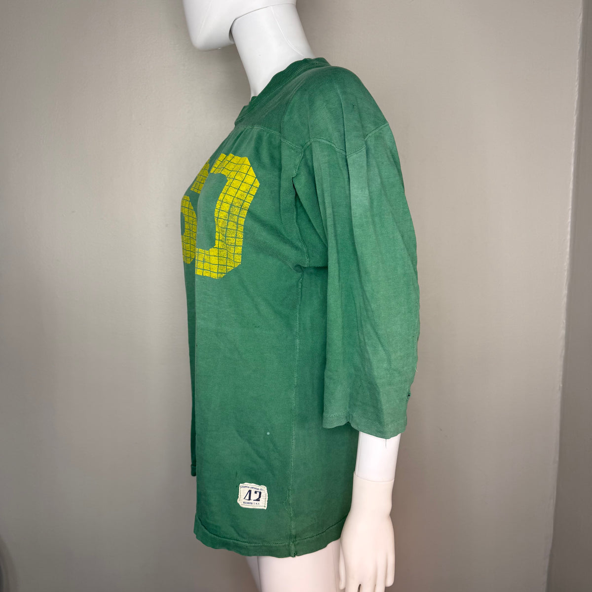 1950s Green Cotton Jersey T-Shirt, Large Yellow Grid Number 60, Champion Knitwear Size 42