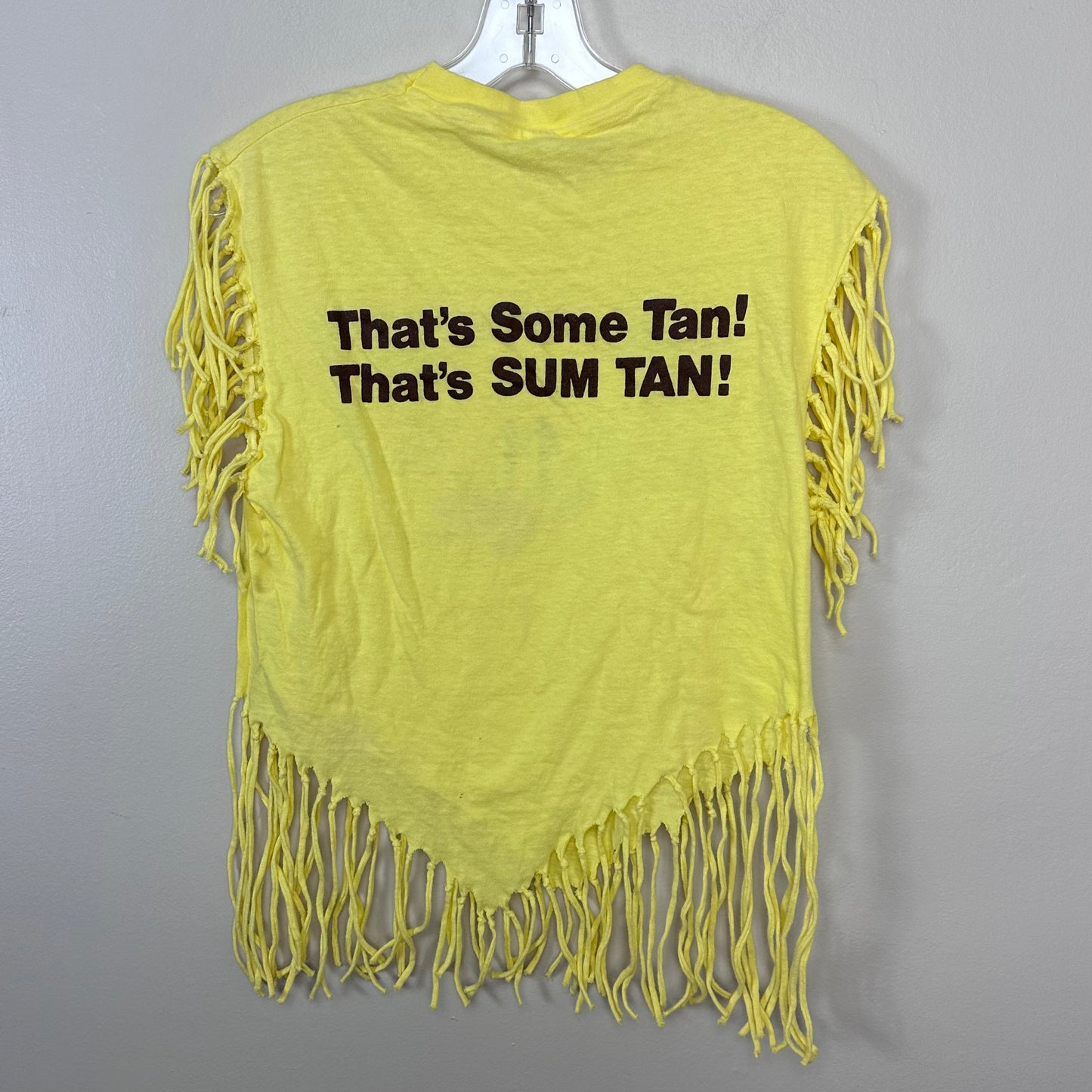 1970s Sum Tan Tanning Salon T-Shirt, Fringe Sleeves and Hem, Hanes Size Small