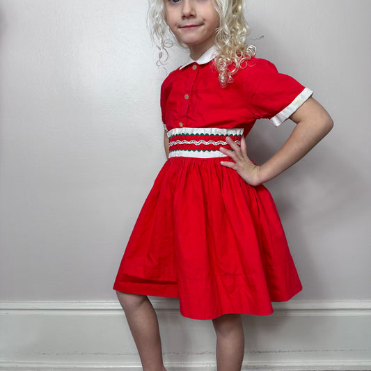 1950s Girls' Red Cotton Dress with Green Rick Rack Trim, Youngland Size 6