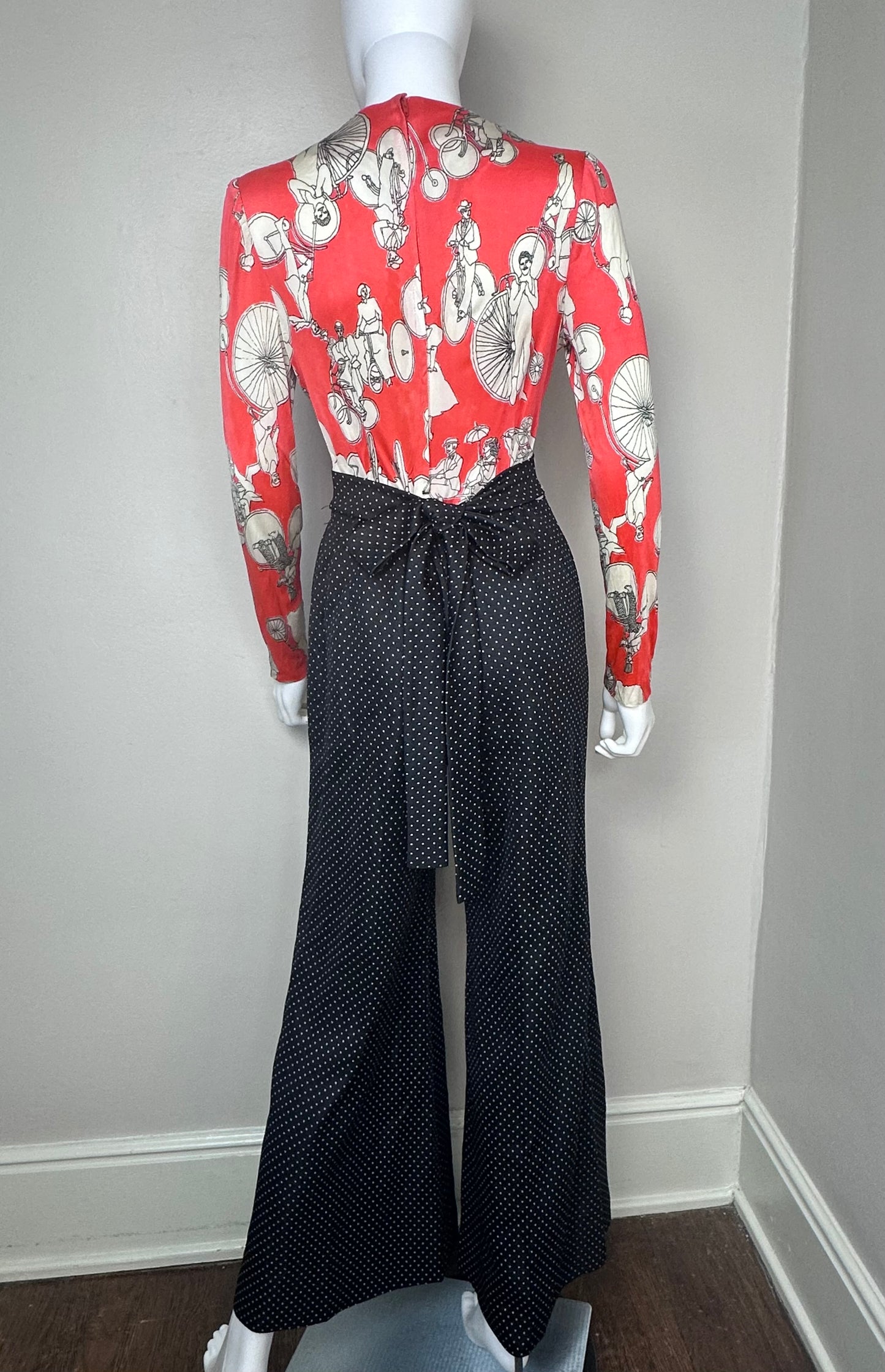 1970s Bellbottom Jumpsuit, PBJ by Jerell Size Small, Antique Bicycle Print Top, Polka Dot Pants