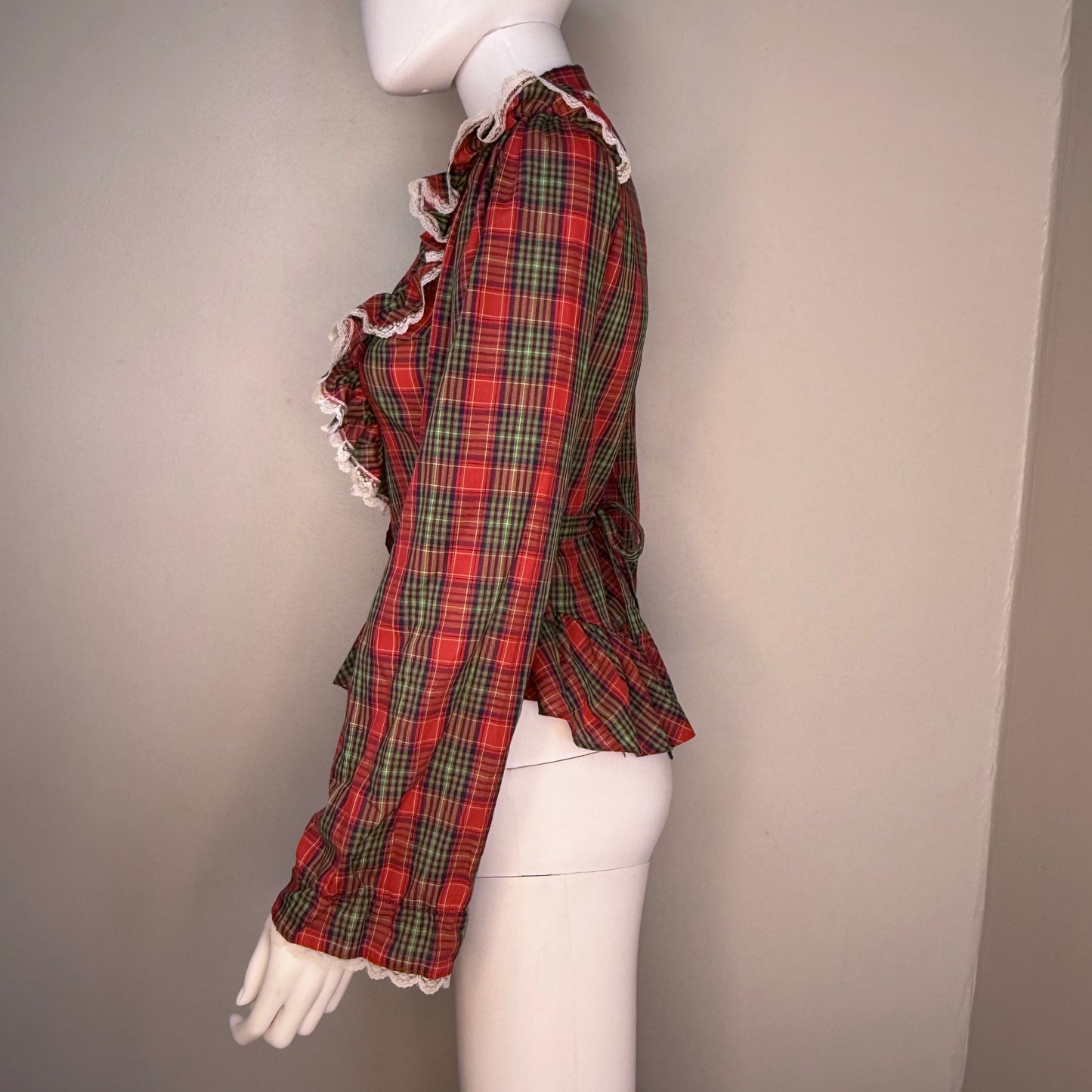 1980s Red and Green Plaid Prairie Western Blouse with Lace Trim, Parallel Lines Size XS/S