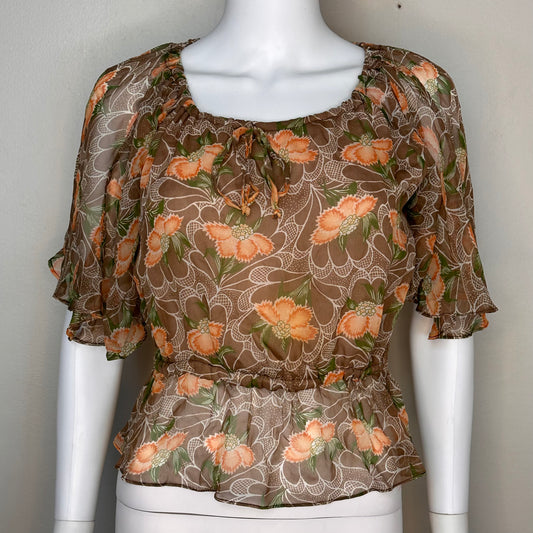 1970s/80s Sheer Brown and Orange Floral Blouse, Prophecy Size Medium, Flutter Sleeves